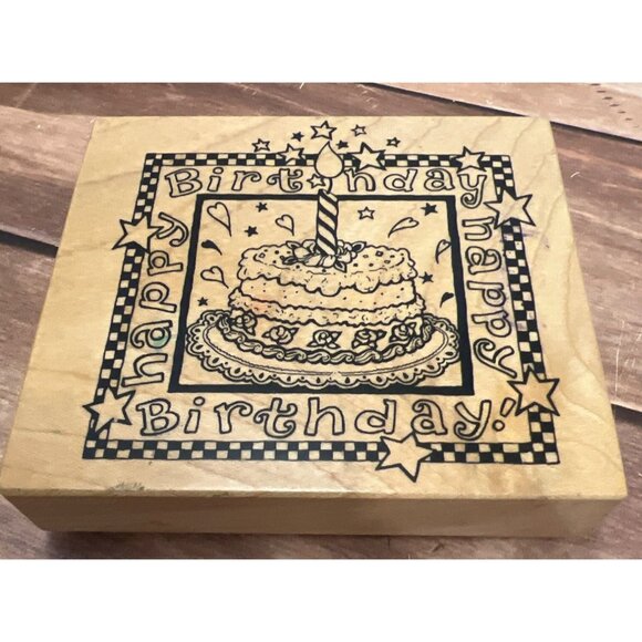 PSX K-1337 HAPPY BIRTHDAY CAKE WOOD MOUNTED RUBBER STAMP HEARTS STARS - Picture 2 of 4